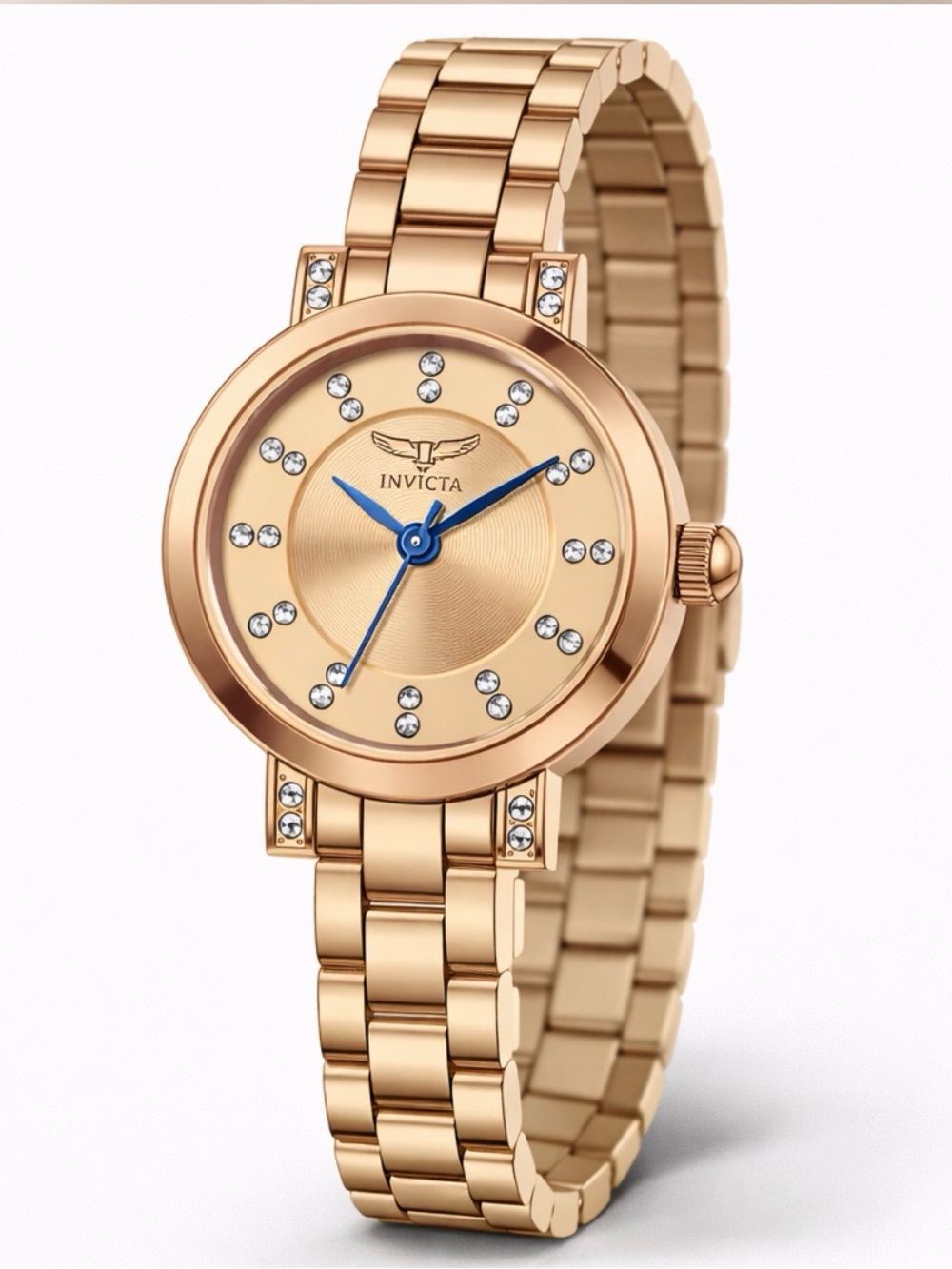 Invicta Rose Gold Bracelet Watch with Blue Hands and Crystal Accents